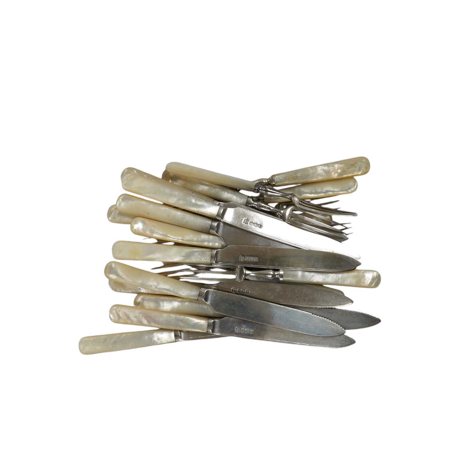 Ten George V mother of pearl handled silver dessert eaters and eleven matching forks, Cooper Brothers & Sons, Sheffield, 1910/13. Condition - fair